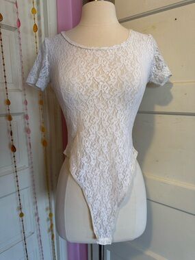 Vintage Karen Martin White Lace Bodysuit Short Sleeve Balletcore Fitted Top M